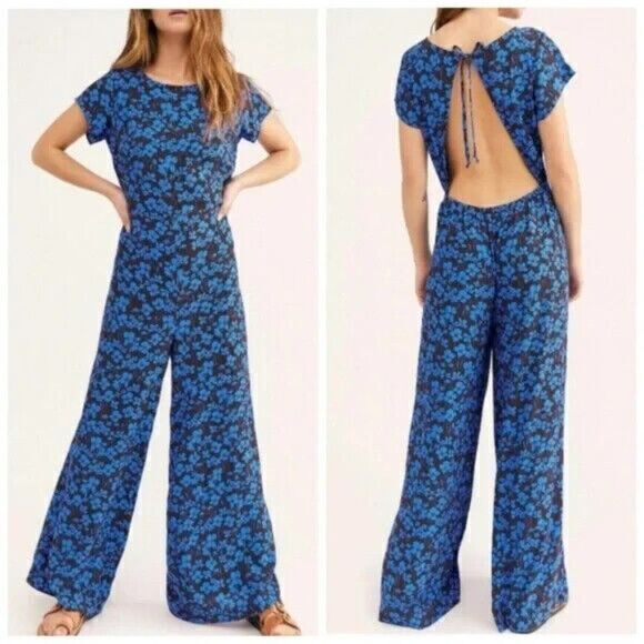 NEW FREE PEOPLE HAILEE BLUE FLORAL OPEN BACK WIDE LEG PANTS JUMPSUIT Womens SZ S - Picture 1 of 10